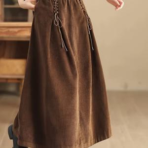 TEMU 여성용 새로운 가을/겨울 하이웨이스트 탄성 허리 스커트, 루즈핏 및 활용도 높은 코듀로이 단색 플레어 스커트