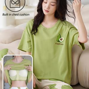 TEMU 여성용 캐주얼 그린 & 슬로건 프린트 파자마 세트, 라운드넥 반팔 상의와 도트 팬츠, 가을 봄 여름 루즈핏|여름잠옷|반팔