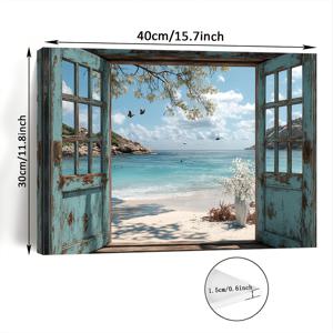 TEMU 2D 평면, 창밖 바다를 묘사한 나무 프레임 캔버스 아트워크 1개. 거실, 침실, 주방 장식에 이상적이며, 크리스마스 선물로도 좋습니다. 크기는 11.8인치 x 15.7인치입니다.