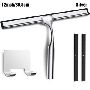 TEMU 유리, 벽, 바닥, 욕실, 화장실, 주방용 스테인레스 스틸 스퀴지, 12인치 창문 와이퍼, 편안한 손잡이, 접착식 후크 및 2개의 실리콘 블레이드, 거울 및 자동차 청소용