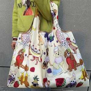 TEMU 큰 만화 강아지 & 과일 프린트 접이식 쇼핑 토트 백, 내구성 있는 나일론, 튼튼한 손잡이, 어깨 끈, 손목 액세서리 포함, 여행, 캠핑, 식료품, 휴일용 재사용 가능한 선물 가방 (크리스마스, 할로윈, 부활절, 하누카, 추수감사절)