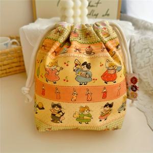 TEMU 1개 귀여운 만화 고양이 프린트 이중 얇은 끈주머니 - 생동감 있는 컬러풀한 패치, 휴대용 수납 정리함 (보석류/화장품/여행&홈), 안전한 잠금식 사은선물백, 내구성있는 끈지퍼, 패치워크 디자인, 크리스마스 & 할로윈