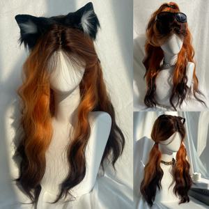 TEMU 26인치 중간 나뭇잎 그라데이션 브라운-오렌지 대형 웨이브 롱 컬리 헤어, 데일리 코스프레, 파티 및 웨스턴 스타일 풀 헤드 가발에 적합