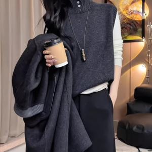 TEMU 여성용 패셔너블 하이넥 조끼, 한국 스타일, 봄 시즌, 레이어링용 우아한 스웨터 조끼