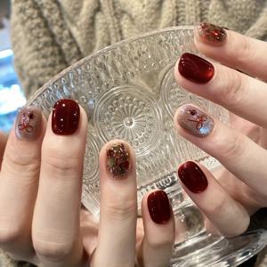 TEMU 핸드메이드 프레스온 네일, 가을/겨울 분위기, 루비 캣아이 스타일, 인스타에서 영감 받은 우아한 룩, 스킨 페이크 네일 스티커