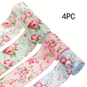 TEMU 2.5인치 스프링 플라워 레이스 리본 1롤/4롤, 수채화 레트로 플라워 새틴 리본 핑크 장미 장식용 패브릭 새틴 리본, 화환 리본 만들기 DIY 공예 포장, 크리스마스, 할로윈
