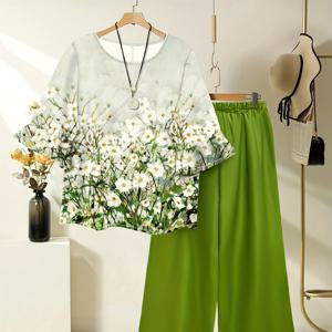 TEMU 여성 캐주얼 봄/여름 플로럴 프린트 반팔 상의, 루즈핏 와이드 레그 팬츠, 탄성 허리 밴드 특징.|반팔블라우스