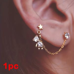 TEMU 1/2개 귀여운 곰돌이 스터드 귀걸이 체인 더블 이어 홀 피어싱 연골 귀걸이 트라구스 헬릭스 스테인리스 스틸 패션 주얼리|피어싱