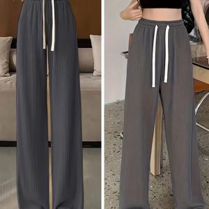 TEMU 여성용 1개, 좁은 바닥 아이스 와이드 레그 팬츠, 여름용 얇은 하이웨이스트 드레이프 루즈한 한국 스타일 그레이 캐주얼 트라우저, 포켓 없음, 트렌디한 .