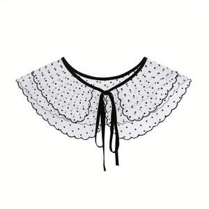 TEMU 1pc 여성용 폴카 도트 분리식 인조 칼라 - 블랙 리본 타이가 있는 2층 피터 팬 칼라, 꽃 자수가 있는 화이트 블라우스, 가벼운 폴리에스테르, 기계 세척 가능, 캐주얼 및 정장 의상에 완벽한, 정장 의상|즐거운 액세서리|폴리에스테르 소재