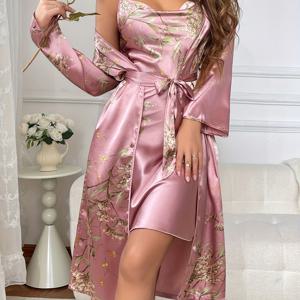 TEMU 여성용 사계절 체리 프린트 캐미솔 나이트가운 세트 2pcs