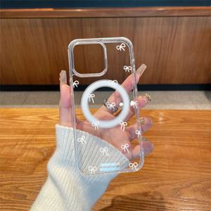 TEMU 자석 방수 고투명 아크릴 투명 하단 흰색 리본 달콤한 스타일 폰 케이스 Iphone 16, 15, 14, 13, 12, 11 Pro Max, XS, XR와 호환됩니다.