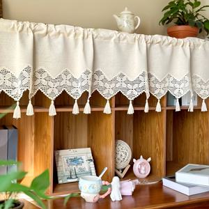 TEMU 카페 창문용 일본 레트로 스타일 패치워크 레이스 코바늘 뜨개질 태슬 테두리 커튼 1개, 로드 포켓 포함, 주방, 캐비닛, 거실, 침실 및 코티지 스타일 집의 작은 창문에 적합.|거실장
