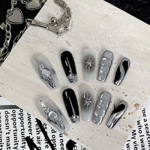 TEMU 한 팩 10개 롱 발레 스타일 블랙 앤 화이트 믹스 스위트 쿨 다크 메탈 운석 행성 실버 미러 파우더 수제 프레스온 손톱, 데일리, 페스티벌, 파티, 볼에 적합