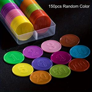 TEMU 150개 진한 다색 플라스틱 동전 세트 - 학생, 교사 및 공예가에게 교육적이고 재미있는 다양한 동전 세트 - 1-100까지의 숫자와 특별한 기념일 동전이 포함되어 창의적인 놀이, 저축 및 교실 활동에 적합합니다.