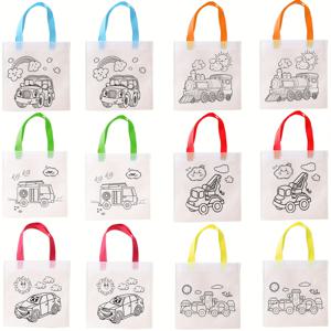 TEMU 12개 DIY 선물 가방, 자체 디자인 6종 차량 테마, 창의력을 발휘하는 최고의 생일 파티 테마 공예 & 장식 (색칠용 붓 미포함)