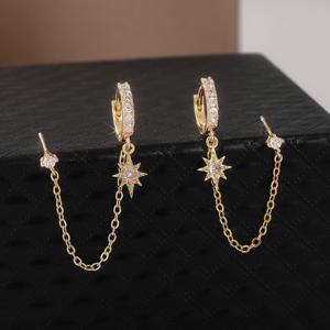 TEMU 1쌍 여성용 - 도금 더블 피어싱 매달린 체인 후프 귀걸이, 반짝이는 별 모양 합성 지르코니아 - 한국 스타일 레이어드 매달린 귀걸이, 데일리 웨어, 선물용