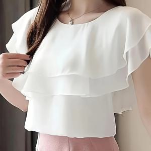 TEMU 여성용 패션 우아한 더블 레이어 러플 헴 블라우스, 통기성 가벼운 소재의 스타일리시 커뮤터 탑, 외출 및 휴가 스트릿웨어에 완벽한 한국풍