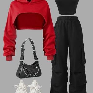 TEMU 고스코어 여성 캐주얼 스포티 패션 세트: 레드 스웨트셔츠 + 블랙 탱크탑 + 블랙 카고 팬츠, 가을/겨울 스트리트 쿨 걸 유스풀 비타리티 힙합 스타일 (액세서리 미포함)