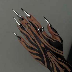 TEMU 24pcs 실버 크롬 플레이트 프레스 온 네일 - 긴, 얇은 하이힐 알몬드 모양, 거울 메탈릭 핏 & 반짝이는 디자인, 재사용 가능한 접착제, 일상 착용, 파티, 음악 축제에 완벽한, 축제용 네일, 축제 액세서리, 고품질 프레스온