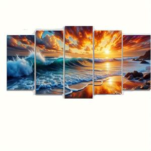 TEMU 선셋 바다 풍경을 담은 5피스 풀 라운드 페인팅 키트 세트, 20X30cm(7.88X11.8인치) 대형 2개, 20X40cm(7.88X15.8인치) 1개, 20X50cm(7.88X19인치) 1개 포함, DIY 공예 키트,벽 장식 아트,일출 풍경,오션뷰 아트,고품질 비즈,라운드 드릴 아트, 자수,취미 활동가들,공예 애호가