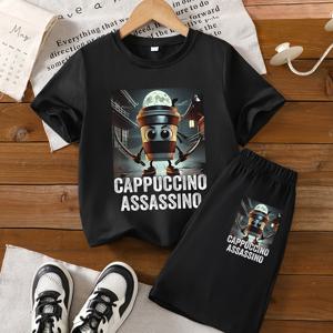 TEMU 남아 여름 반팔 '카푸치노 암살자' 프린트 티셔츠 & 반바지 세트, 야외 활동용