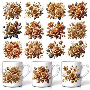 TEMU 12개 골든 로즈 시리즈 디자인 세트, UV DTF 열전사 스티커, 만화 패턴, 스크래치 방지 3D 비닐 필름 스티커, 유리컵, 머그, 냉장고에 적합 - 아트 라벨용 고품질 스티커