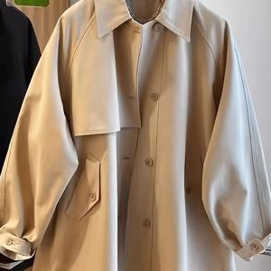 TEMU 가을 캐주얼 트렌치 코트, 라펠, 버튼형 긴소매, 루즈핏. 사이즈가 크게 느껴지므로 한 사이즈 작게 주문하는 것을 추천합니다.