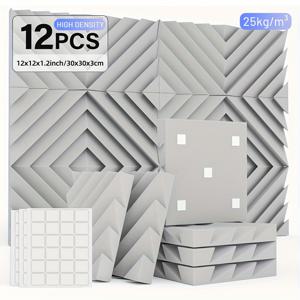 TEMU 고밀도 방음판 12개, 양면 접착제 포함, 자유로운 DIY 디자인 가능, 소음 감소, 녹음 스튜디오, 사무실, 게임룸용 벽 장식 방음판