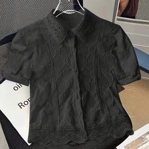 TEMU 여성용 방향성 펀드 단색 레이스 스탠드 칼라 할로우 반팔 셔츠