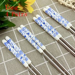 TEMU 4/10 더블 - 세라믹 손잡이 스테인리스 스틸 젓가락, 블루 앤 화이트 패턴, 가정, 레스토랑, 파티용으로 적합, 스시, 밥, 면을 먹기에 이상적