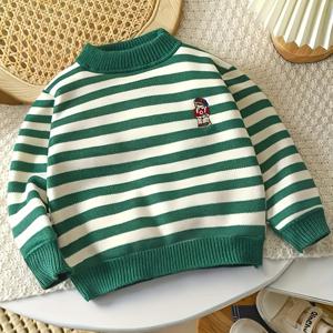 TEMU 남아용 한국 스타일 긴팔 라운드넥 스웨터, 만화 곰돌이 자수와 디자인, 가을/겨울 아동복으로 적합