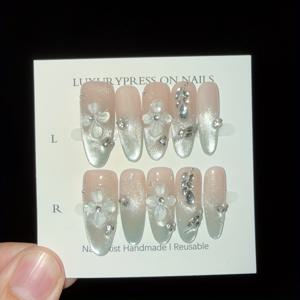 TEMU 10개 고급스러운 프렌치네일, 해변의 아이스플라워 3D 핸드페인팅 리빙소재 수제 가짜손톱 - 순수하고 감각적인 디자인으로 바닷가 휴가와 사진촬영에 완벽한