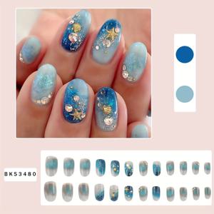 TEMU 24개 프렌치 스타일 블루 그라데이션 쉘 타원형 인조 손톱 (프레스온 네일 팁 + 젤리 글루 및 파일 포함)