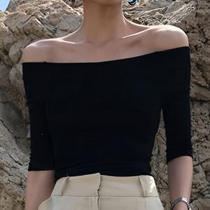 TEMU 슬림핏 V넥 오프숄더 긴팔 크롭탑 - 봄, 여름, 가을용 우아한 폴리에스터 솔리드 화이트 셔츠|반팔니트