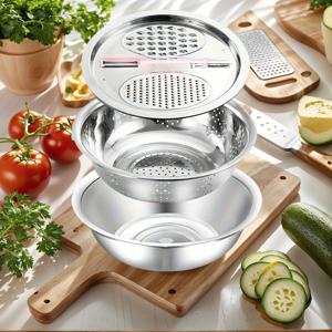 TEMU 3pcs 다용도 스테인리스 스틸 조리 세트 - 내장형 그라인더가 있는 스테인리스 볼, 다용도 필터, 믹싱 볼이 포함되어 있습니다. 과일, 채소, 치즈 세척 및 슬라이싱에 이상적이며 주방 사용 및 식품 서비스 조리에도 적합합니다.