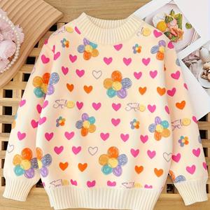 TEMU 여아용 벨벳 스웨터 2025 가을 겨울 의류, 두꺼운 밑코트, 헤드셋, 중소형 아동용 라운드넥 상의