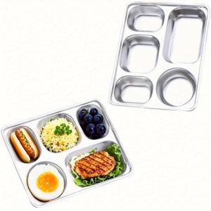 TEMU 5칸 스테인리스 스틸 식판 2개 세트 - 튼튼한 직사각형 칸막이 트레이, 금속 식기, 식기세척기 사용 가능, 재사용 가능, 학교 및 식당에서 사용하기 위해 두껍게 디자인, 대형 패스트푸드 서빙 트레이