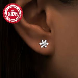 TEMU S 정교한 눈꽃 실버 스터드 귀걸이, 합성 지르코니아, 심플하고 세련된 디자인, 데일리 및 축제, 크리스마스 선물용, 저자극성, 0.7g