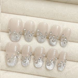 TEMU 10개입 핸드메이드 누드 숏 오발 은색 글리터 프레스온 네일, 패셔너블하고 우아한 여성에게 적합