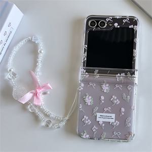 TEMU INS 스타일리시 핑크 플로럴 리본 투명 폰 케이스 - 갤럭시 Z Flip 7/6/5/4/3용 3D 레이저 스타 로즈 체인 꽃 디자인, 투명 핑크 백 커버