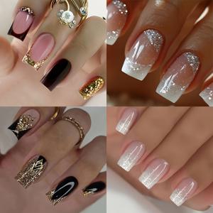 TEMU 96개 (4세트) 다양한 컬러의 글리터 핑크 반짝이 프렌치 블랙 엣지 그라데이션 인조 네일, 일상생활에 적합한 우아하고 섬세한 네일 아트