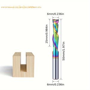 TEMU PTA 6mm 샹크, 6mm 절삭 직경, 25mm 길이 CNC 라우터 압축 목재 엔드밀 커터 비트 - UP & DOWN 컷팅 2 플루트 스파이럴 카바이드 밀링 도구 (DLC 코팅), 목공 조각 및 슬롯 절단용