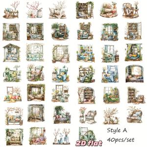 TEMU 40개/세트 핸드메이드 창의적인 레트로 유럽풍 홈 가든 책꽂이 꽃 독서 시리즈 2D 평면 스티커, 쓰레기 일기장, 노트북, 스크랩북 장식용 고품질 DIY 컷팅 북 스티커, 수제 계정