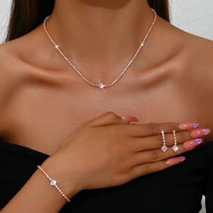 TEMU 패셔너블하고 우아한 섹시한 구리 인레이드 라인스톤 목걸이 귀걸이 팔찌 세트, 우아하고 반짝이는 여성용 주얼리 프롬 파티 액세서리