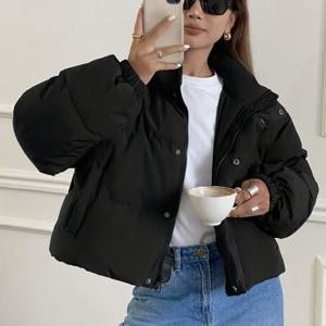 TEMU 여성용 루즈핏 패딩 재킷, 오픈 프론트 및 긴소매, 캐주얼 가을 착용에 적합, 포켓, 지퍼, 드롭 숄더, 솔리드 블랙의 깔때기넥 특징