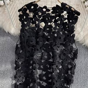 TEMU 우아한 캐주얼 휴가 풀오버, 멀티컬러, 컷아웃 플로럴 패턴 탑, 조끼, 자수 컷아웃 공예, 봄/여름/가을용 (프롬/등교/출퇴근/홈웨어), 14~16세 청소년 여아용|골프웨어