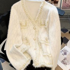 TEMU 탈리스먼드 밑단 퍼지 버튼 프론트 가디건, 우아한 대조 트림 V넥 긴팔 가디건 - 여성용 가을 겨울 의류