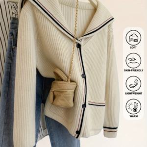 TEMU 크림색 세일러 칼라 가디건 - 가을/겨울용 블랙 & 레드 트림 & 4버튼 | 크리스마스 파티 & 캠퍼스 데이트 의상