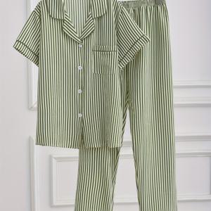 TEMU 버블 크링클 프린트 파자마 세트, 턴칼라 버튼 반팔 긴바지 라운지웨어, 라운지웨어 아웃핏, 잠옷, 우아한 슬립웨어, 통기성 소재, 편안한 핏, 버튼업 파자마, 투피스 라운지웨어, 성인용 슬립웨어, 여성용 라운지웨어